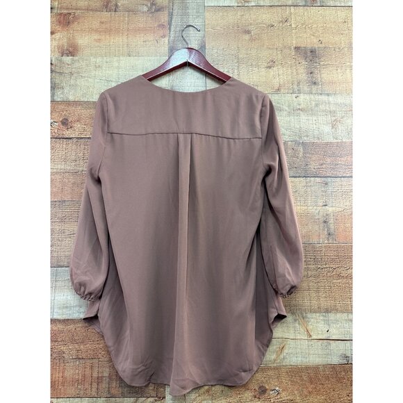 Pleione Womens Blouse Size L Light Brown V-Neck 3/4 Sleeve High-Low Hem - Picture 5 of 6